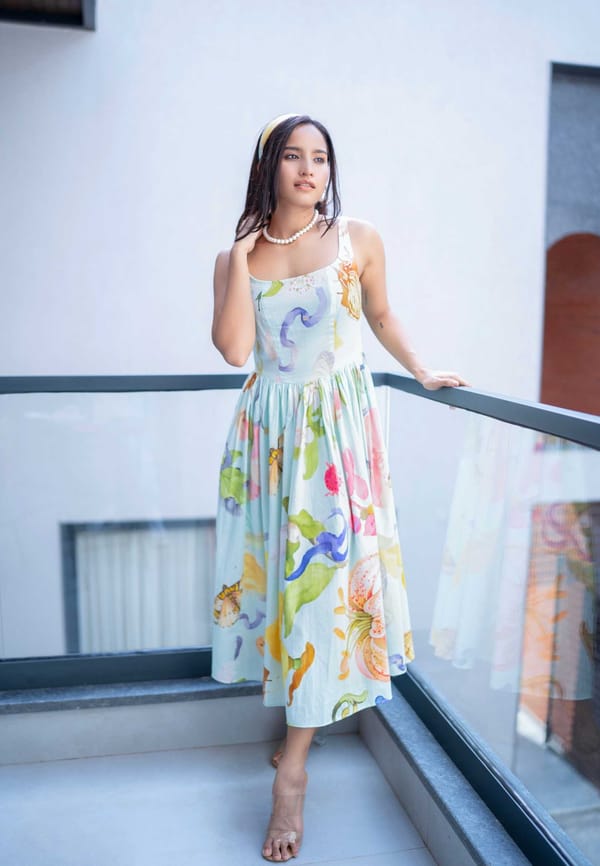 Blue Multicolor Floral Square Neck Midi Dress — BEYOND TARA