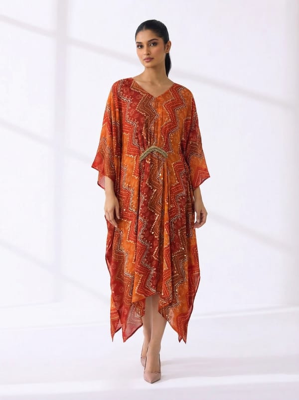 Rust Abstract Print V-Neck Kaftan with Waist Tie — 5 Elements