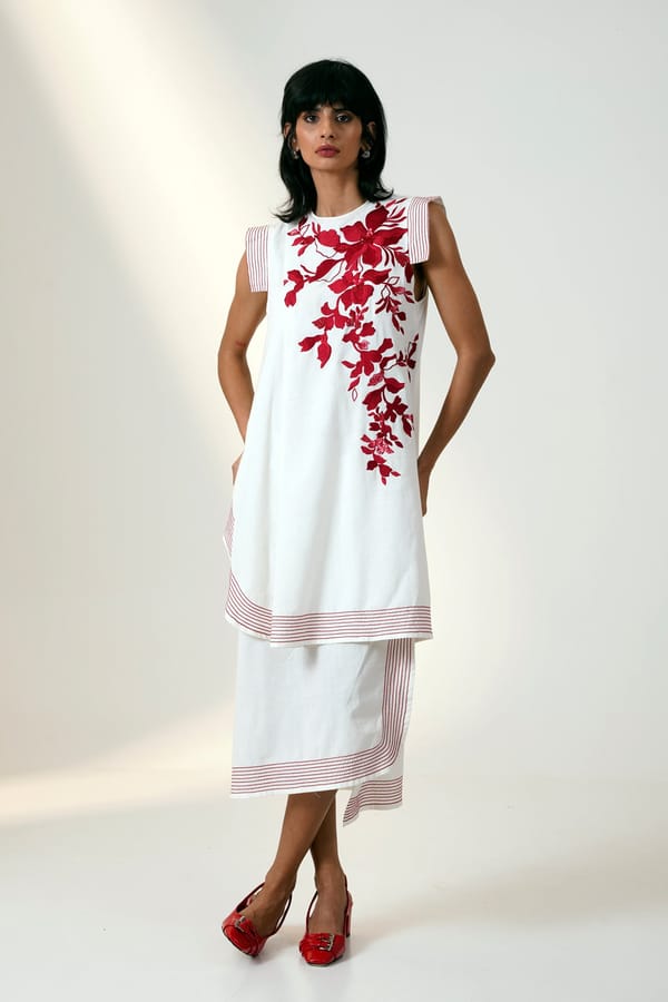 White A-Line Midi Dress with Red Floral Embroidery — Madder Much