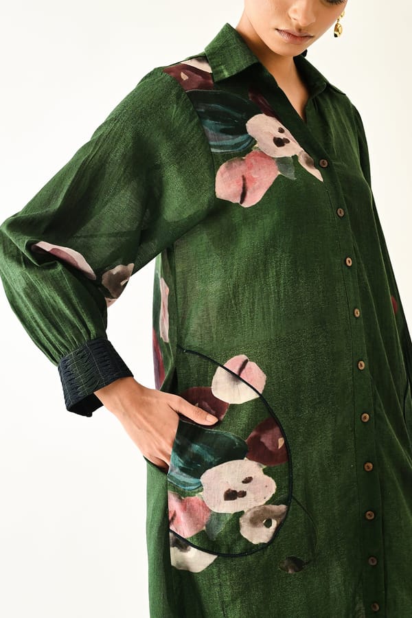 Green Abstract Print Dobby Maxi Shirt Dress — Ofrida