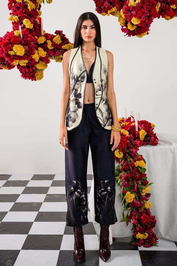 Off-White Waistcoat and Black Wide-Leg Trouser Co-ord Set — The Dramebaaz Company
