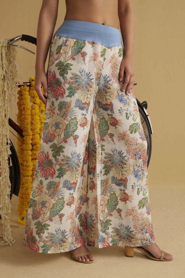 Full Bloom Floral Print Linen Palazzo Trousers — YELL