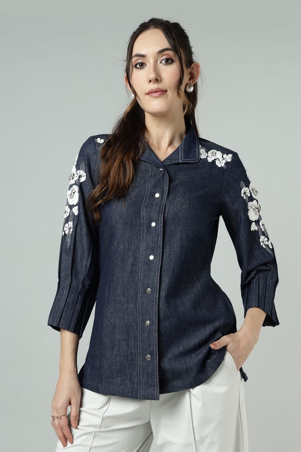 Indigo Denim Embroidered Button-Down Shirt — Our Love