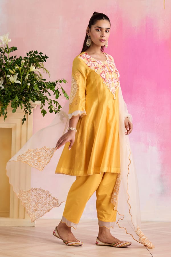 Yellow Chanderi Embroidered Yoke Kurta Set with Dupatta — NIRVAIR CLOTHING