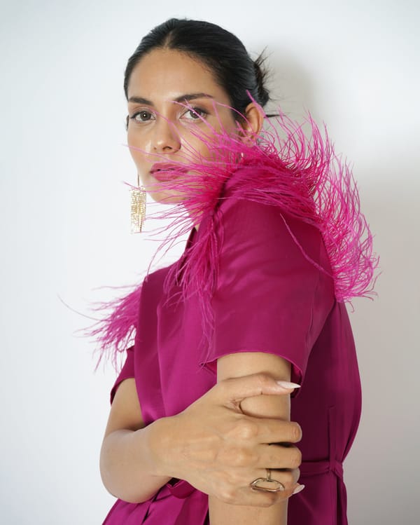 Magenta Silk Satin Half Sleeve Blazer with Feather Detail — MAGIA