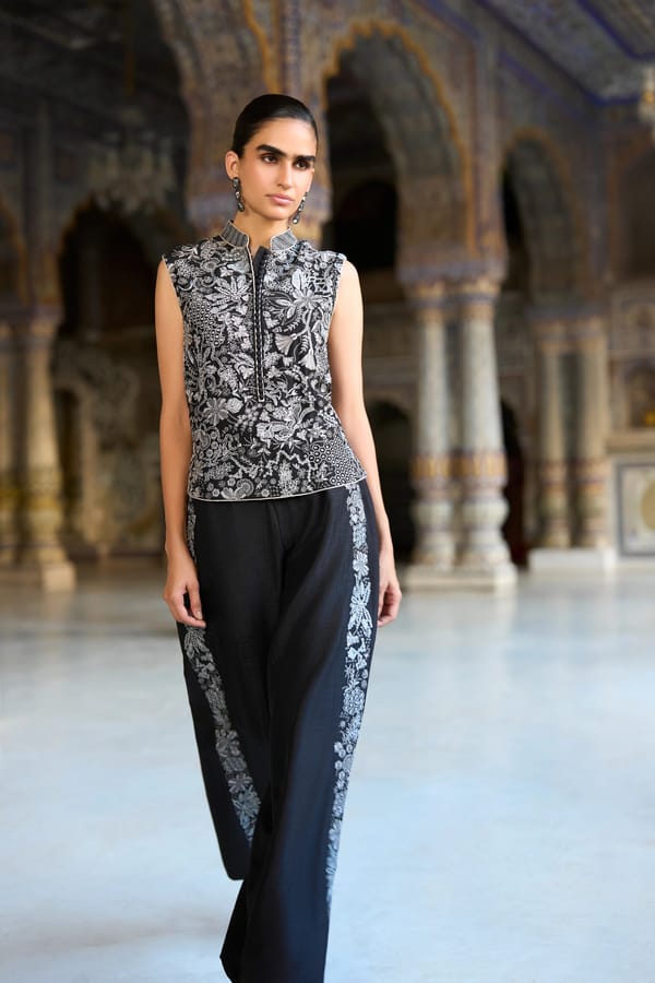 Metallic Thread Embroidered Waistcoat & Straight-Cut Pant Set — Dash and Dot