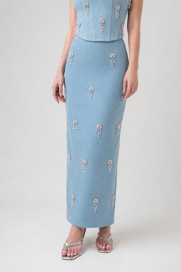 Cascade Crystal Denim Skirt — MAGIA