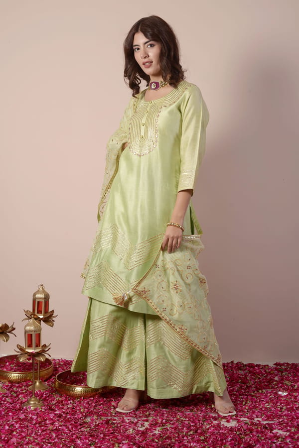 Mint Green Ombre Gota Kurta Set with Sharara and Dupatta — SURABHI ARYA