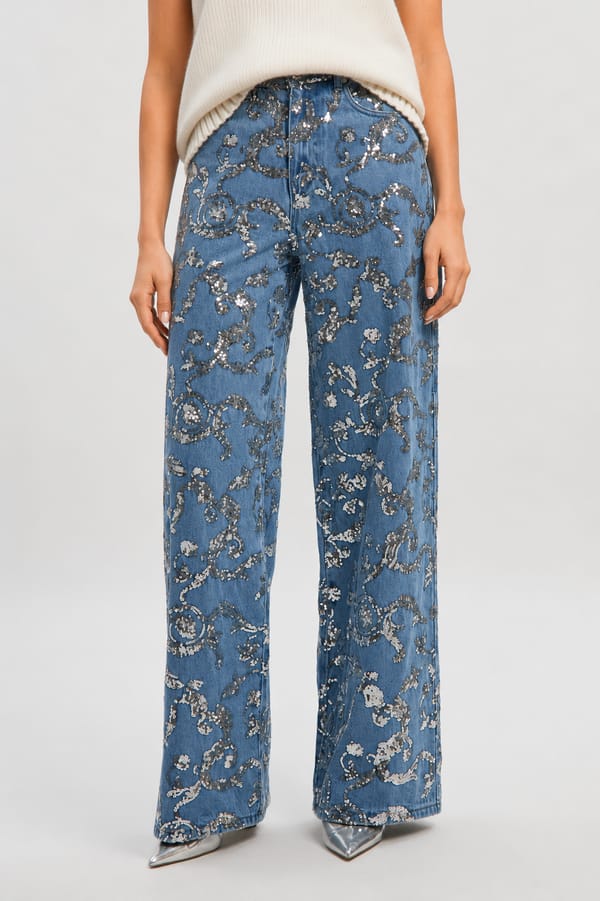 Mid Blue High-Rise Wide-Leg Sequin Jeans — KAREN MILLEN