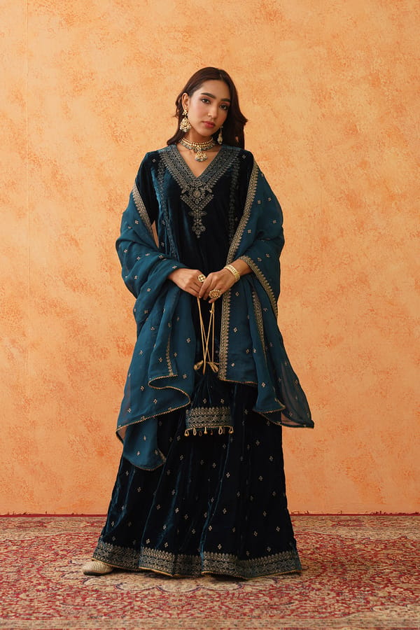 Teal Blue Velvet Embroidered Kurta Sharara Set with Dupatta — INCHING INDIA