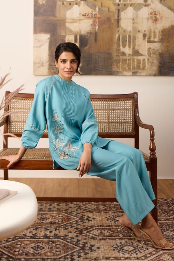 Teal Blue Pleated Floral Embroidered Co-ord Set — Truly SMA