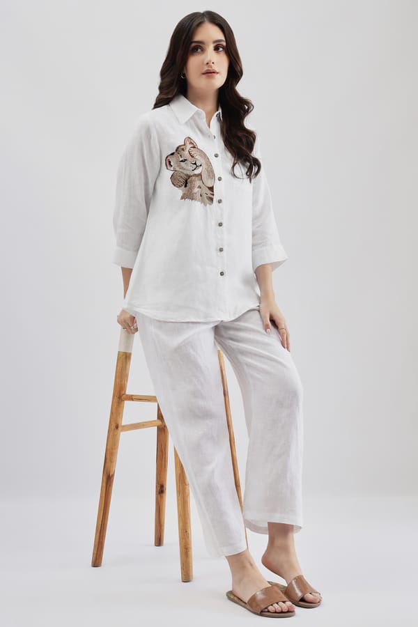White Linen Embroidered Button-Down Shirt — Linen Bloom