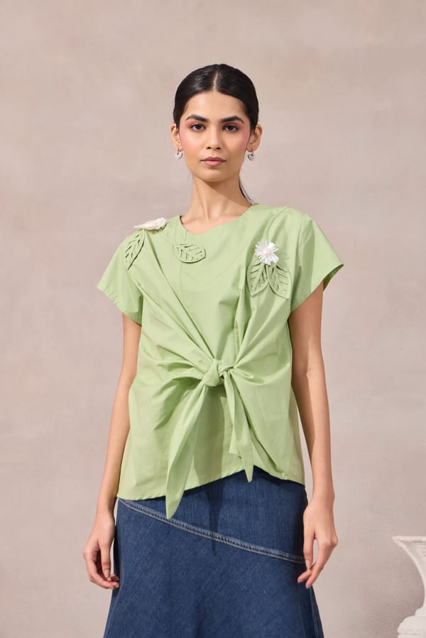 Foam Green Cotton Poplin Tie-Front Top with Leaf Applique — 63East