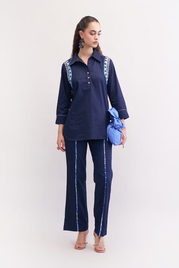 Navy Cotton Satin Embroidered Shirt and Trouser Co-ord Set — Our Love