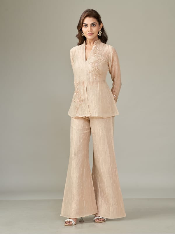 Champagne Embroidered Jacket and Wide-Leg Pants Co-ord Set — QUNIC