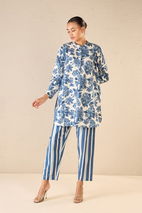 Blue Blosom: Blue Rose Tunic Co-Ord Set — SHIVANI BHARGAVA