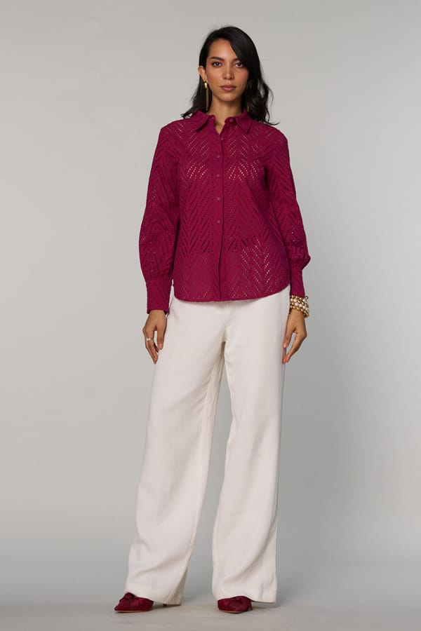 Burgundy Cotton Schiffli Cutwork Button-Down Shirt — Style Island