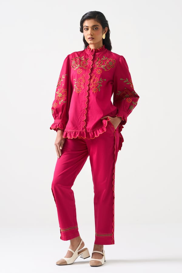 Hot Pink Embroidered Ruffle-Trim Mandarin Collar Shirt — STITCH STORIES