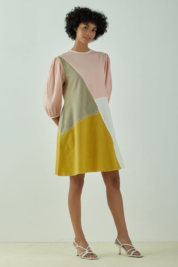 Pink and Ivory Colorblock Knee-Length Puff Sleeve Dress — Madder Much