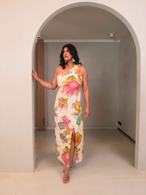 Cream Floral One-Shoulder Maxi Dress with Front Slit — Why So Blue