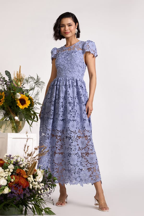 Ice Blue Lace Fit and Flare Maxi Dress — AVERIE