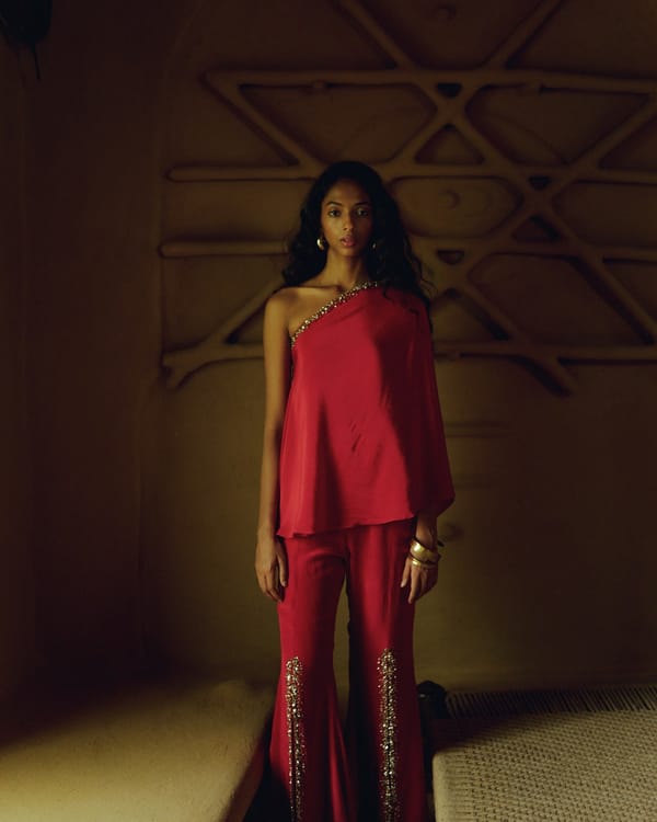Red One-Shoulder Tunic and Sharara Pants Co-ord Set — LABEL NAARITI