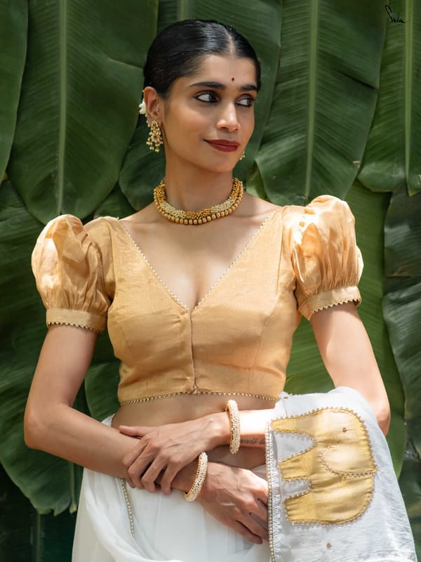 Gold Chanderi Silk Zari V-Neck Puff Sleeve Blouse — Suta