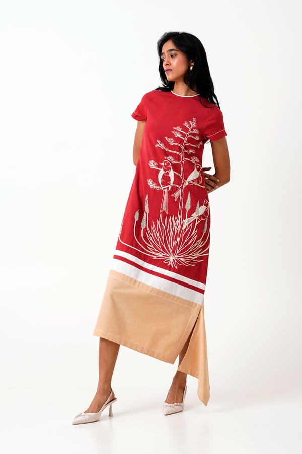 Madder Red Cotton Embroidered Midi Dress with Back Zip — Madder Much