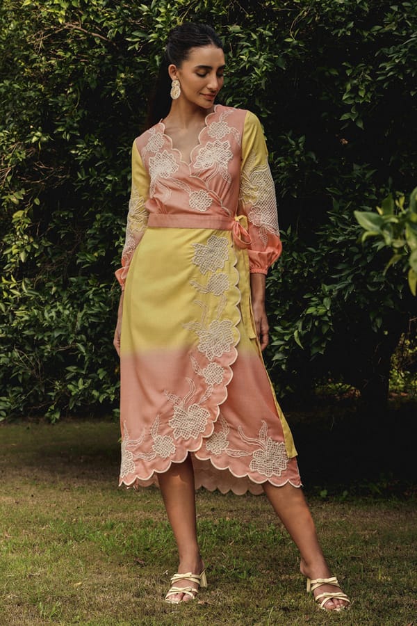 Ombre Linen Wrap Midi Dress with Embroidery — BOHO-CHIC