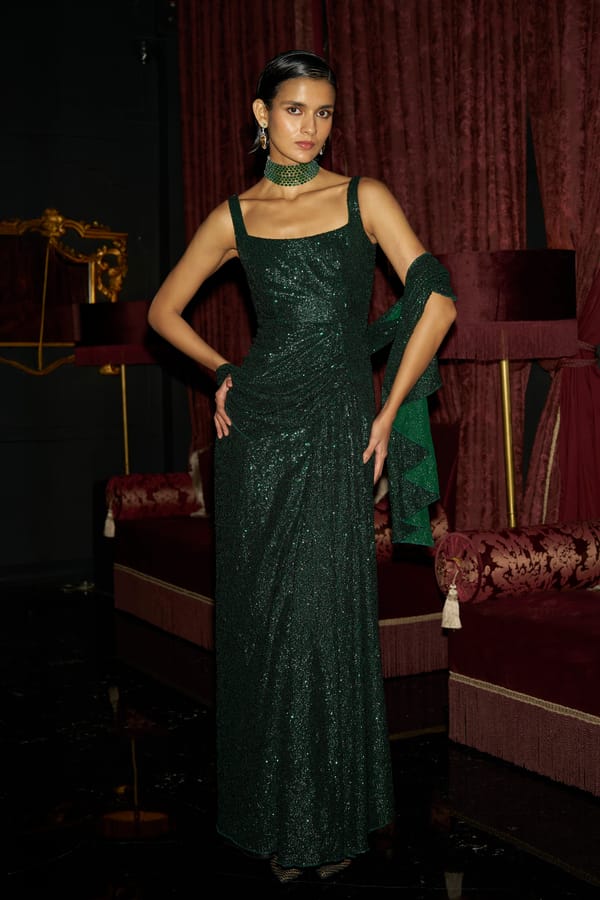 Emerald Sequin Sari-Drape Maxi Gown — Dash and Dot