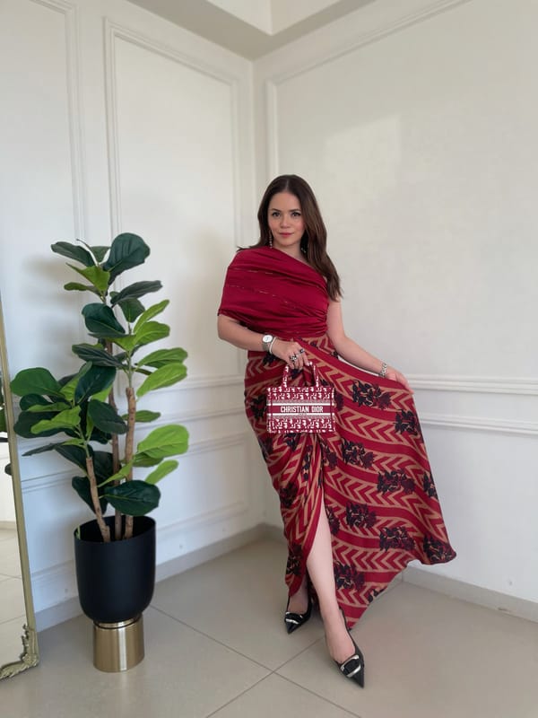 Red One-Shoulder Printed Maxi Gown with Slit — STUDIO SURBHI
