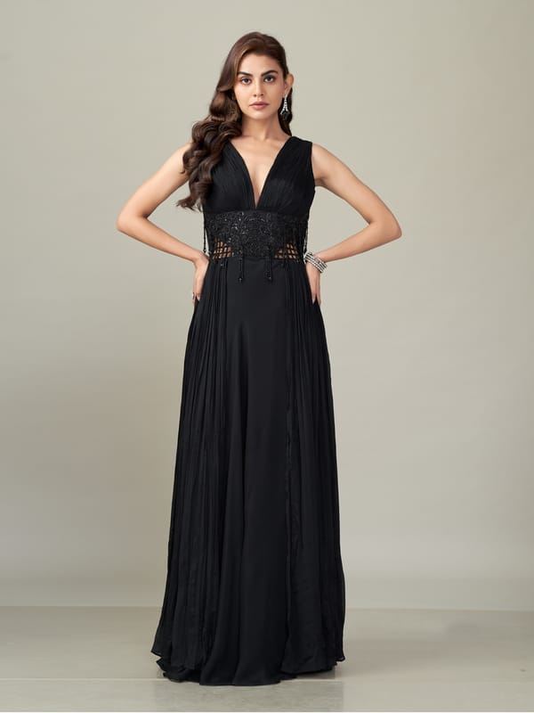 Black Chiffon Maxi Gown with Embellished Waist — QUNIC