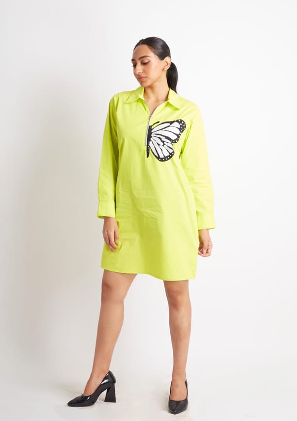 Neon Green One Piece Cotton Dress with Sequin Embroidery — Richa Goenka