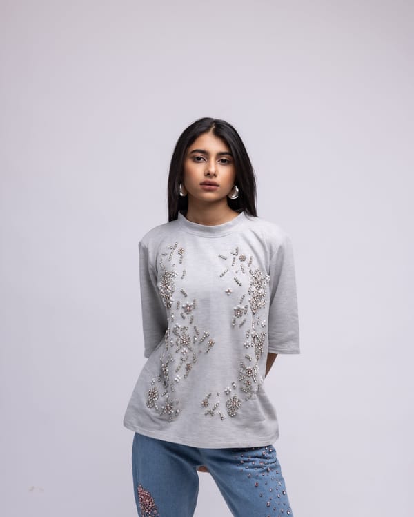 Light Grey Oversized Embellished Cotton T-Shirt — MAGIA