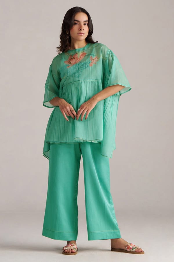 Bright Aqua Kota Silk Co-ord Set with Wide-Leg Pants — Ganga Fashions Pvt Ltd