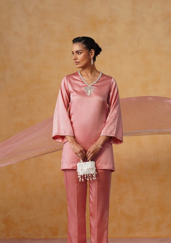 Pink Satin Straight Kurta Set with Embellished V-Neck — AMOSHI