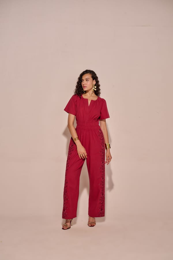 Red Cotton Embroidered Straight-Leg Jumpsuit — Style Island
