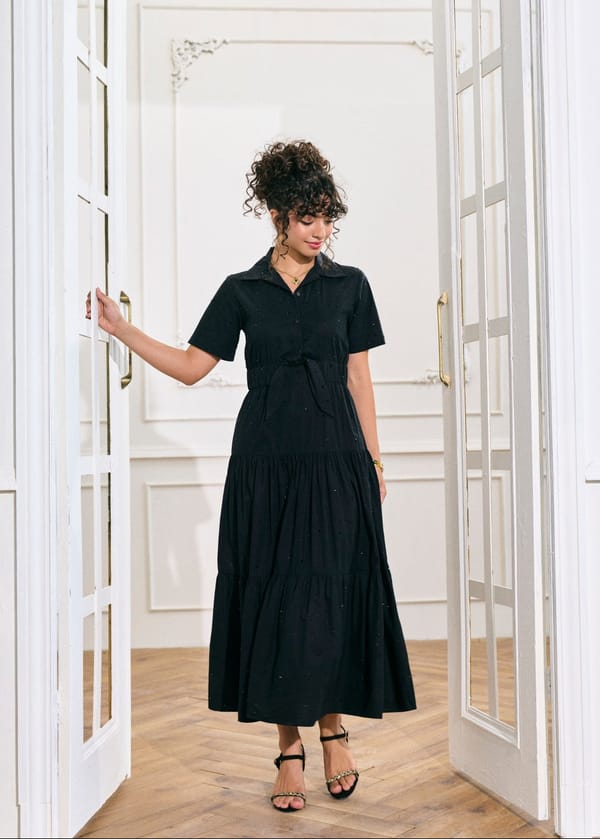 Black Stud-Embellished Tiered Maxi Shirt Dress — Style Island