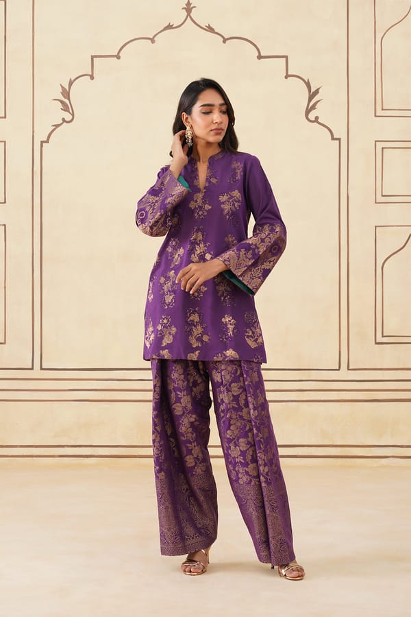 Wine Brocade Straight Kurta Set with Zari Motifs — INCHING INDIA