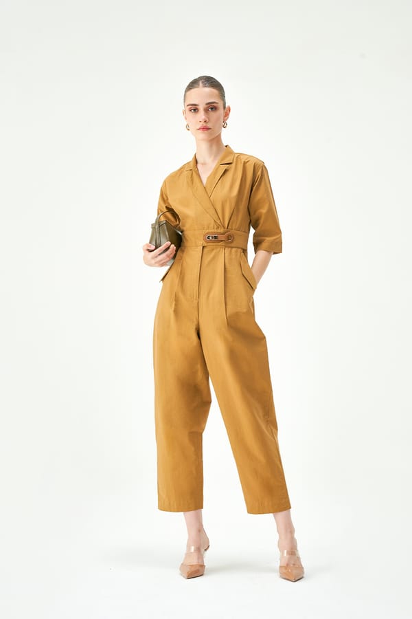 Camel Cotton Poplin Belted Tailored Jumpsuit — NOTEBOOK