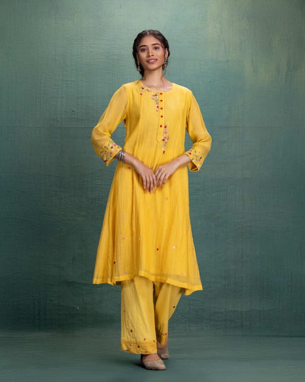 Yellow Machine Embroidery Co-Ord Set — Kahani Lush