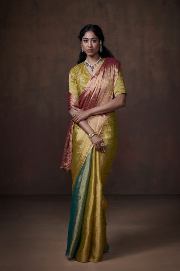 Teal Lime Rust Tissue Saree with Metallic Sheen — Dressfolk