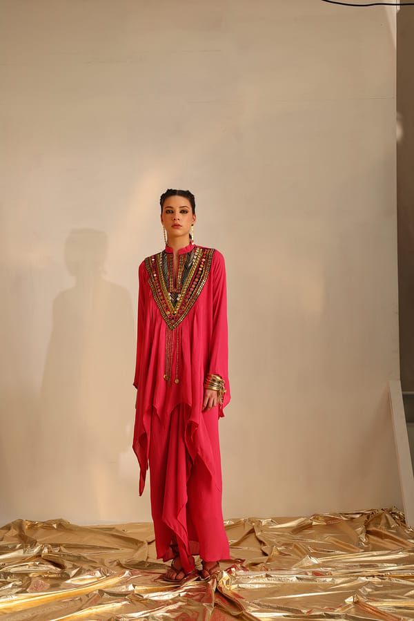 Hot Pink Embellished Yoke Top and Draped Skirt Co-ord Set — EnEch