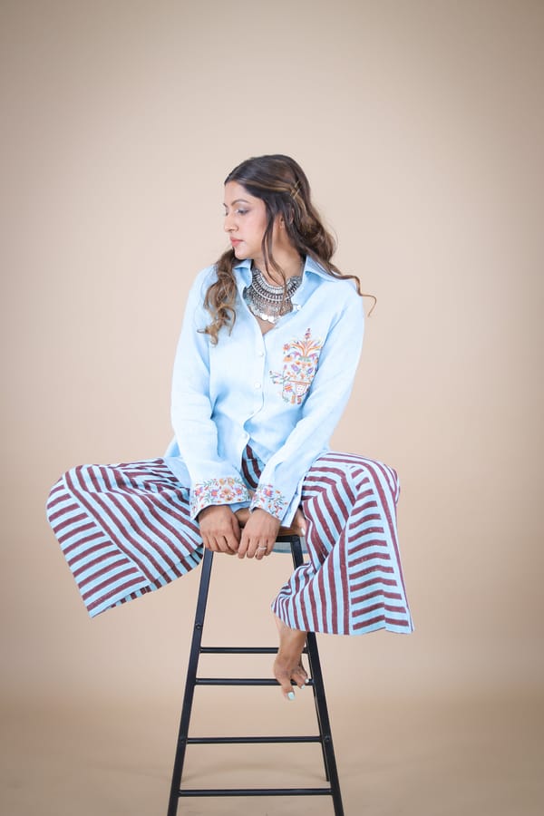 Sky Blue Linen Shirt with Embroidered Motif — HEADSTRONG