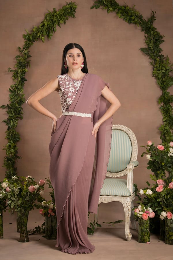 Dark Mauve Pre-Draped Pleated Georgette Saree Set — PREETI MEHTA