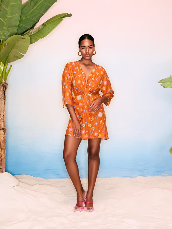 Orange Floral Printed Front Knot Mini Dress — GUAPA