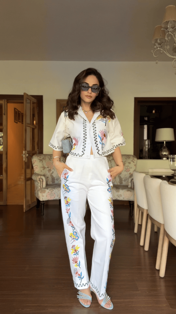 White Denim Embroidered Co-ord Set with Crop Jacket — Armoire