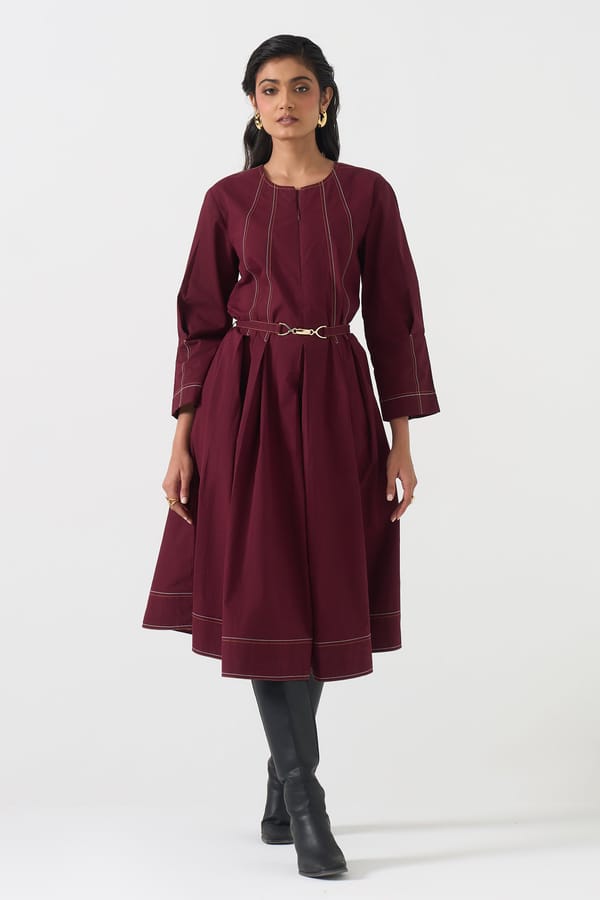 Wine Maroon Cotton Fit and Flare Midi Dress with Belt — STITCH STORIES