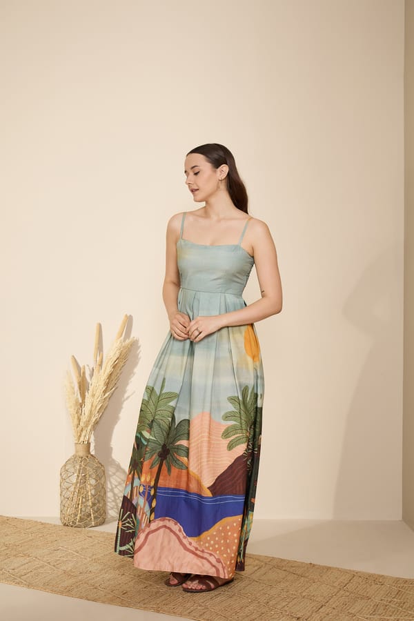 Tropical Print Cotton Poplin Square-Neck Maxi Dress — GAIMA LABEL