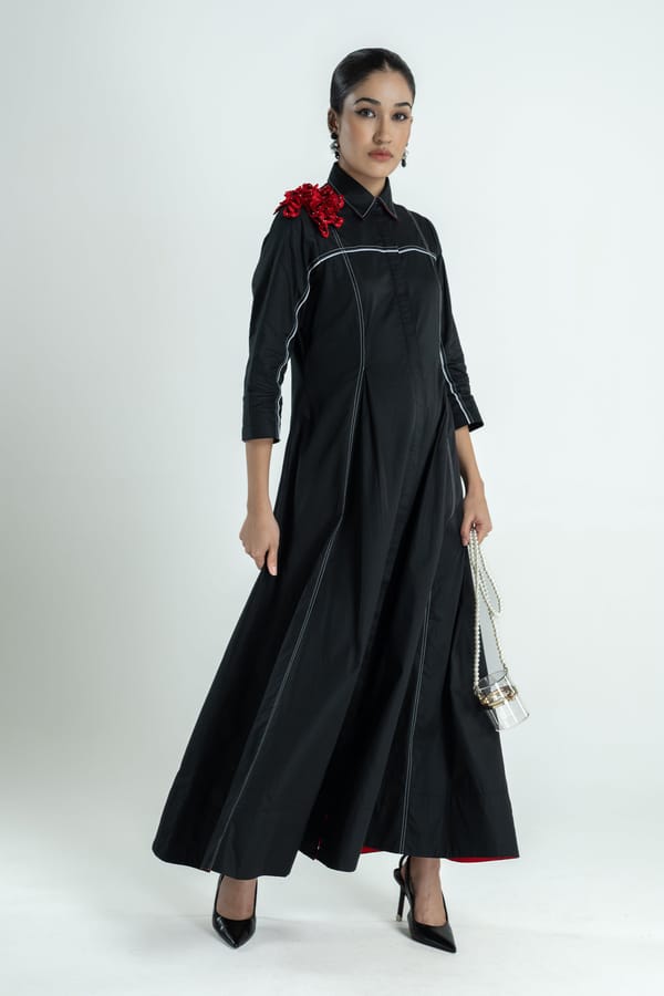 Black Cotton Satin Fit and Flare Maxi Dress — Our Love